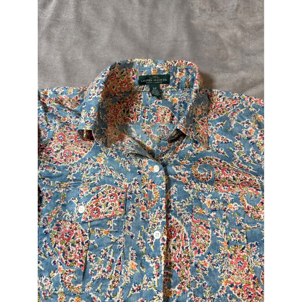 RALPH LAUREN 90's Y2K Size Small Petite Paisley Blue Pocket Shirt Vintage Collar - Picture 2 of 7